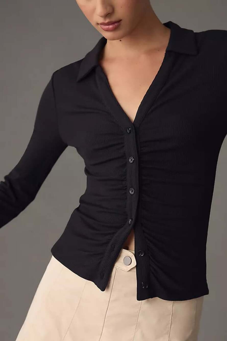 PAIGE Lafayette Size XL Black Ruched Top Button Down Dark Academia Preppy Casual - Picture 2 of 15